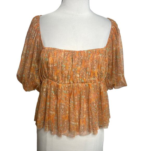 Free People Penelope Printed Smocked Peplum Top Orange Size L - Picture 4 of 8